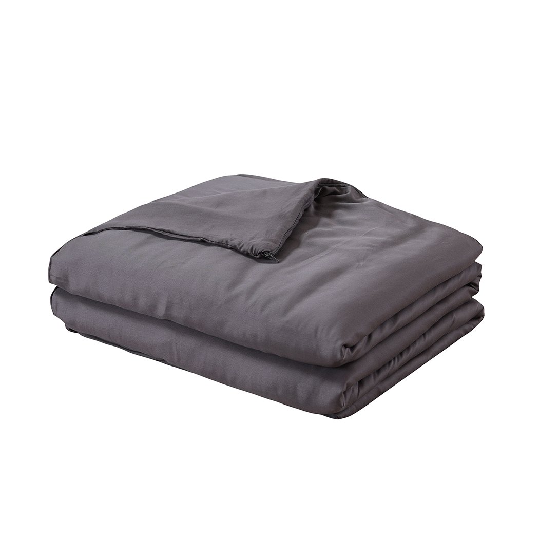 DreamZ 9KG Weighted Blanket in dark grey with a bamboo cover, showcasing its 5-layer design and removable zipped cover.